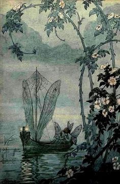 Peaceful Illustration, Fairy Boat, Golden Age Of Illustration, Fairy Love, Mass Appeal, Painting Landscapes, Hieronymus Bosch, Fairy Aesthetic, Fairytale Illustration