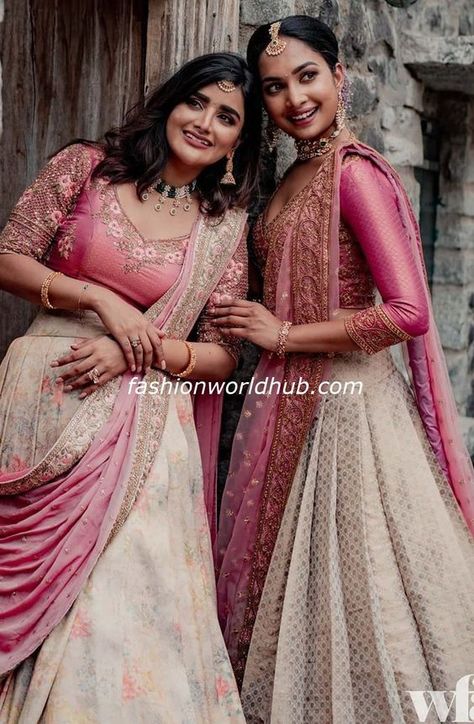 Lehenga For House Warming, Traditional Pattu Lehenga Designs, Studio 149 Lehenga, House Warming Outfit Ideas Indian, Langa Davani Designs, Antique Saree, Dhavani Designs, Studio 149, Lengha Saree