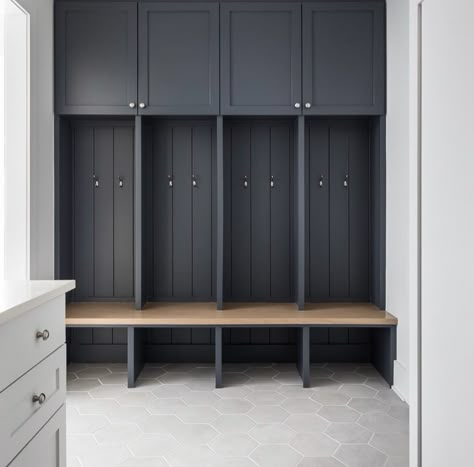 Colored Mudroom Lockers, Black Cubbies Mudroom, Mudroom Sliding Door, Mudroom Locker Width, Garage Locker Ideas, Mudroom Built Ins, Built In Cubby, Mudroom Cabinetry, Mudroom Addition