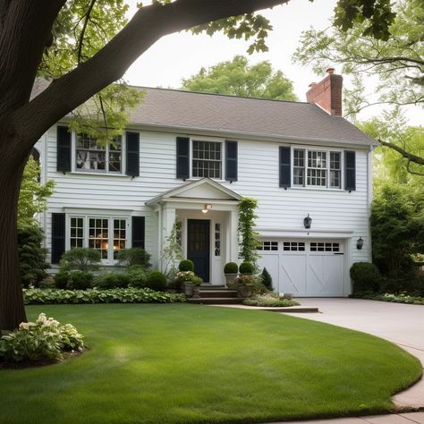 Midjourney Feed White Colonial Home Exterior, Small White Colonial House, White Historic Home Exterior, Colonial Williamsburg Homes Exterior, Colonial Architecture American, Colonial Remodel, Front Yard Garden Design, House Hunters, Farmhouse Exterior