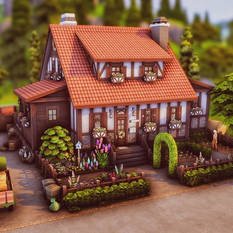 German farm in half-timbered style Hello Lovelies! Today I would like to share my build for #unityindiversitycollab hosted by @thegoldenage.builds with you. I thought I would build a german farm, with half-timbering and red roof tiles, like you can still see in Germany from time to time. The backstory and the basic idea are a bit sadder. Unfortunately, many beautiful old buildings and houses in this country are completely deteriorating. We have so many empty old houses where I live. This is... Sims 4 German House, The Sims 4 Country House, Old German Houses, Germany Houses, Red Roof Tiles, Houses In Germany, Double House, German Houses, Minecraft House Plans