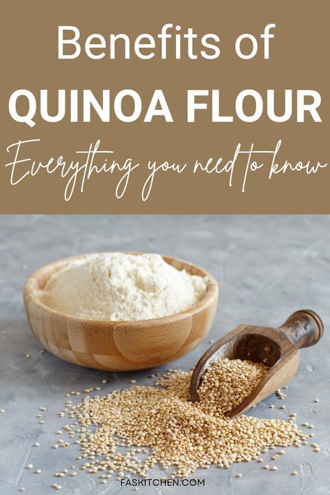 A close-up image of quinoa flour in a bowl with a wooden spoon, surrounded by quinoa grains. Quinoa Flour 101: Nutrition, Benefits, How To Use, Buy, Store | Quinoa Flour: A Complete Guide. Quinoa Nutrition Facts, What Is Quinoa, Quinoa Flour, Quinoa Seeds, Making Quinoa, Flour Substitute, Edible Seeds, Types Of Flour, Gluten Sensitivity