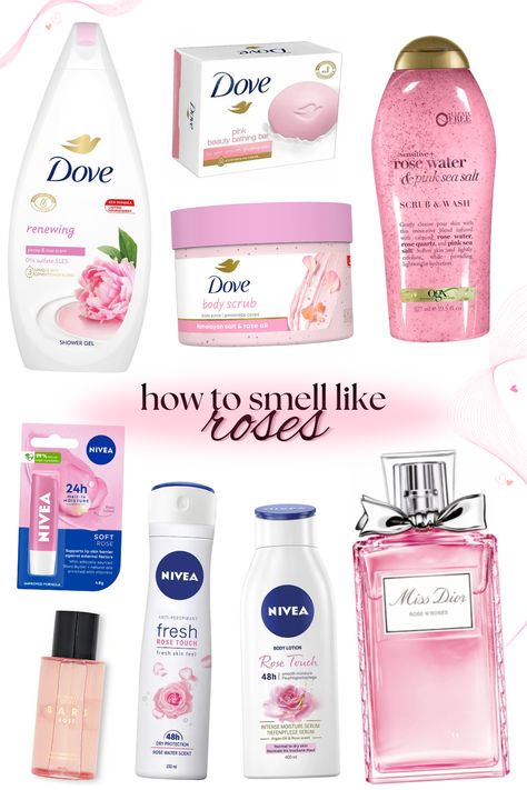 how to smell like roses, dove rose body wash, dove rose bar soap, dove rose body scrub, ogx rose water scrub & wash, nivea rose lip balm, nivea rose deodorant, niveo rose touch body lotion, victoria's secret bare rose fragrance mist, miss dior rose n roses, pink girly shower routine Rose Water Soap, Diy Rose Body Scrub, Pink Dove Body Wash, How To Smell Like Peonies, Rose Body Products, Rose Body Care Products, Floral Shower Routine, Rose Hygiene Products, Rose Scented Shower Routine