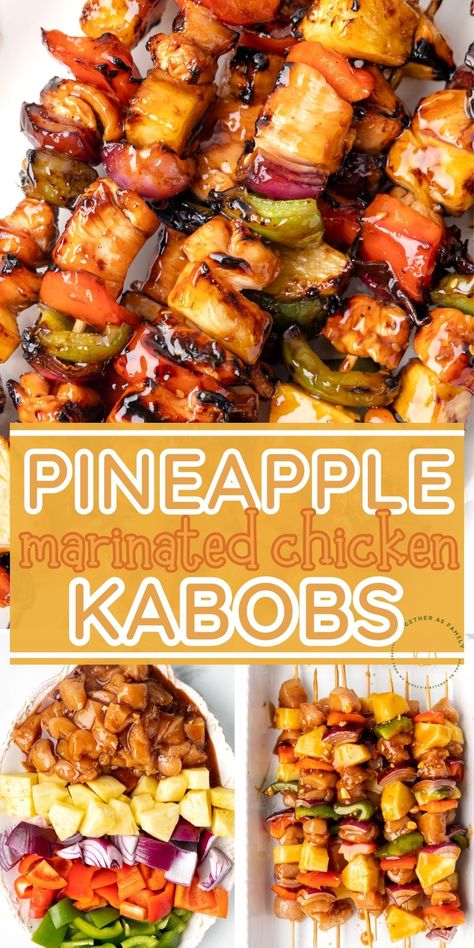 Fire up the grill and makes these sweet & delicious Pineapple Chicken Kabobs for dinner. Chunks of marinated chicken, bell peppers, fresh pineapple, and red onion is all it takes. The simple marinade consists of bbq sauce, teriyaki sauce, and pineapple juice for the best flavor! Pork Kabob Marinade, Pineapple Juice Marinade, Chicken Pineapple Kabobs, Cabin Recipes, Pineapple Appetizers, Chicken Bell Peppers, Chicken Kabob Marinade, Pineapple Chicken Kabobs, Hawaiian Chicken Kabobs