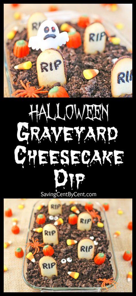 Graveyard Halloween Yard Dessert, Graveyard Dip Halloween, Graveyard Dip, Graveyard Taco Dip, Spooky Dishes, Halloween Dips, Halloween Dip, Cheesecake Dip Recipe, Halloween Dishes