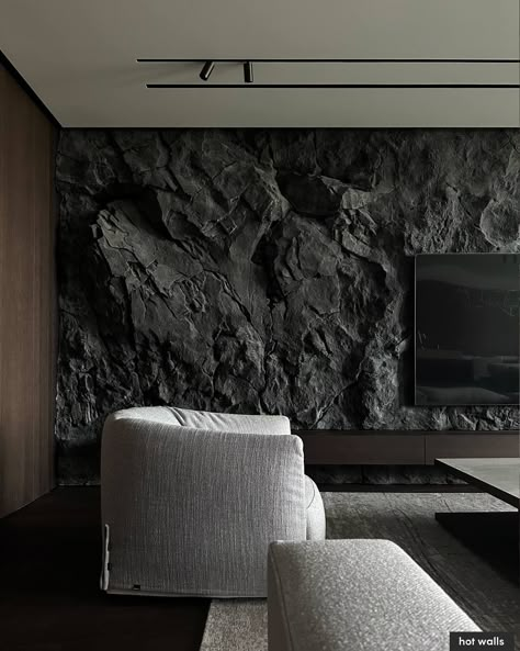 Grey Living Room Floor Ideas, Black Stone Accent Wall, Black Painted Living Room, Cement Texture Wall Interiors, Tv Unit Stone, Black Stone Wall, Drawing Room Furniture, Stone Walls Interior, Door Design Photos