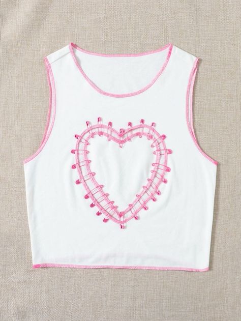 Contrast Stitch Paper Clip Cutout Heart Crop Tank Top | SHEIN USA Stitch Paper, Kitsch Fashion, Cutout Shirts, Heart Tank Top, Pastel Goth Fashion, Kawaii Fashion Outfits, Heart Top, Women Tank Tops, Cute Crop Tops