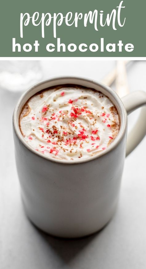 Rich, creamy homemade hot chocolate flavored with a hint of peppermint! You'll only need five ingredients to make this delicious holiday drink. #hotchocolate #peppermint Peppermint Hot Chocolate Recipe, Peppermint Whipped Cream, Hot Chocolate Toppings, Peppermint Syrup, Peppermint Hot Cocoa, Homemade Hot Cocoa, Peppermint Hot Chocolate, Holiday Drink, Holiday Dessert Recipes