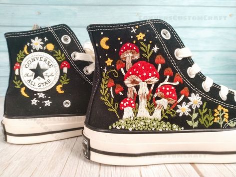 Embroidered Converse Mushroom and Frog, Converse High Tops Chuck Taylor Embroidered Frog & Mushroom, Mushrooms Embroidered Converse Custom - Etsy Converse Mushroom, Embroidered Frog, Converse Embroidery, Converse 1970s, Embroidered Converse, Embroidery Shoes, Embroidered Shoes, Blue Merle, Low Top Sneakers