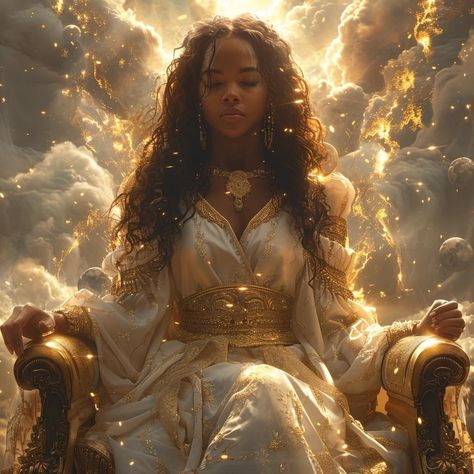 Queen Aesthetic Black Woman, Black Goddess Photoshoot Ideas, Black Goddess Drawing, Gods And Goddesses Aesthetic, Gold Witch Aesthetic, Black Queen Aesthetic, Black Goddess Aesthetic, Black Royalty Aesthetic, Black Character Art