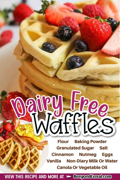 These golden waffles have a fun surprise- they're dairy free! You can make them with a vegan or non-dairy milk like almond, soy, or oat. You can even make them with water and still get a flavorful and fluffy waffle with a crisp golden crust. They taste so good and are easy to make, perfect for allergies, diets, and lifestyles without milk. Dairy Free Gluten Free Waffles, Waffle Recipe Dairy Free, Dairy Free Waffles Easy, Waffles With Almond Milk, Waffle Recipe No Milk, Dairy Free Waffles, Dessert Waffles, Dairy Free Baking, Dairy Free Recipes Dinner