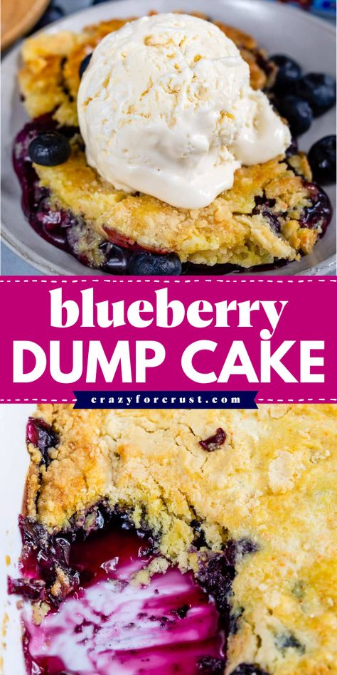 Bake up this blueberry dump cake recipe! This 4th of July sweet is easy to make using just 4 ingredients. From the thick filling to the soft, crunchy topping, this blueberry cobbler with cake mix is such a yummy summer dessert! Canned Blueberry Pie Filling, Blueberry Dump Cake, Blueberry Dump Cake Recipes, Pineapple Dump Cake, Blueberry Dump Cakes, Dump Cake Recipe, Canned Blueberries, Viral Recipes, Blueberry Pie Filling