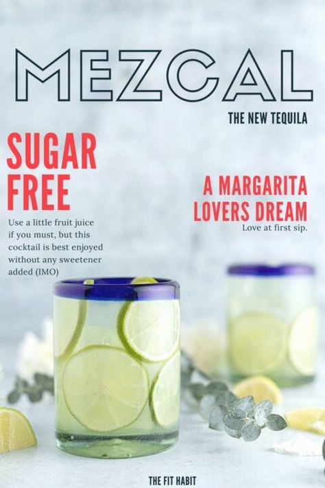 Looking for a fun alternative to regular margaritas?  Mezcal is similar to tequila, but has a smokier flavor...  perfect for this sugar free recipe!   Mezcal Margarita Anyone?  Easy + Sugar Free Tequila Mezcal Cocktails, Spicy Mezcal Margarita Recipe, Low Sugar Alcoholic Drinks, Paleo Cocktails, Spicy Mezcal Margarita, Summer Mezcal Cocktails, Low Carb Christmas Recipes, Cadillac Margarita, Simple Mezcal Cocktail