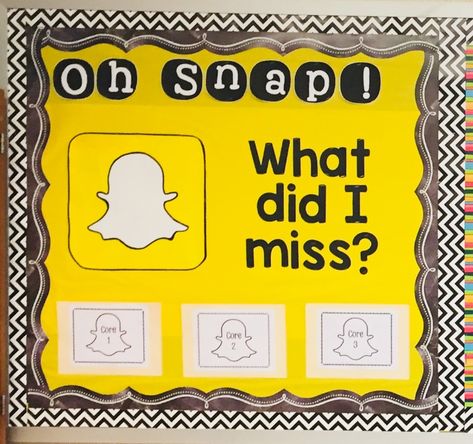 Missing Work/Absent Bulletin Board - Snapchat Theme Snapshot Bulletin Board, Science And Social Studies Bulletin Board, Youtube Bulletin Board, Social Media Bulletin Board Ideas, Snapchat Bulletin Board Ideas, Fun Bulletin Board Ideas Middle School, Missing Work Bulletin Board, September Bulletin Board Ideas High School, Social Media Themed Classroom