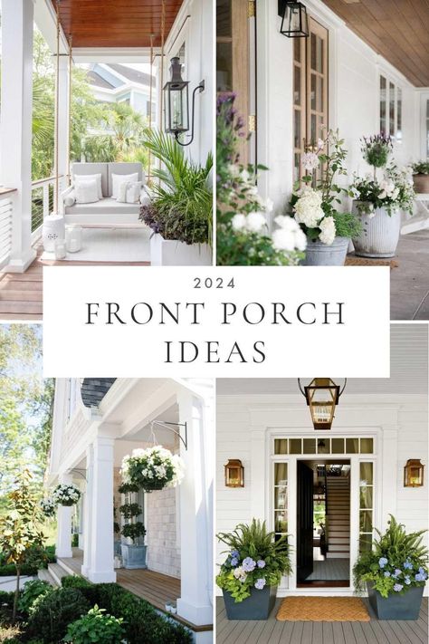 Beautiful front porch ideas for 2024, with flower pots, decor, wreaths, garden borders, front yard landscaping, hydrangeas, boxwood topiaries, bushes in front of house, and more Front Garden Ideas Hydrangea, Front Side Porch Ideas, Elegant Porch Ideas, Classy Front Porch Decor, Florida Front Porch Ideas, Hydrangea In Pots Planters, White House Front Porch, Front Porch Topiary Ideas, Plants Front Porch