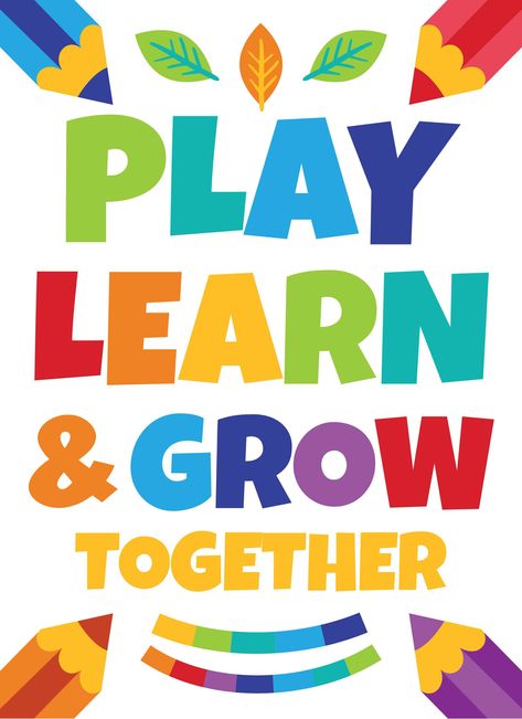 Sproutbrite Learning By Doing Quotes, Play Learn And Grow Together Wall, Bright Classroom Ideas, Quotes For Preschool Classroom, Preschool Hallway Ideas, Preschool Classroom Posters, Preschool Quotes Inspirational, English Class Posters, Classroom Quotes For Wall