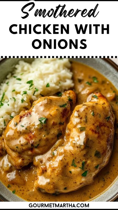 Juicy, tender chicken thighs bathed in a creamy mushroom and onion sauce, this dish is the ultimate comfort food! Perfect for chilly evenings or whenever you crave a home-cooked classic. Try this delicious recipe, perfect for any occasion #comfortfood #smotheredchicken #chickendinner #easyrecipes #familydinner #weeknightmeals #homemade #dinnerideas #onepanrecipes #fallrecipes Smothered Chicken With Gravy, Onion And Mushroom Gravy, Chicken In Wine Sauce, Chicken With Onions, Smothered Chicken Recipes, Caramelized Onions And Mushrooms, Chicken Thighs Mushrooms, Chicken Smothered, Pan Seared Chicken Breast