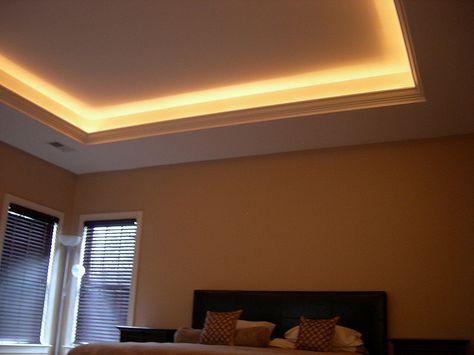 Lighted Tray Ceiling - one in the bedroom, one in the living room. How To Add A Tray Ceiling, Tray Ceiling Lighting Bedroom, Tray Ceiling With Lights, Trayed Ceiling Ideas, Tray Ceiling Lighting Ideas, Lighted Tray Ceiling, Tray Ceiling Lighting, Boxed Ceiling, Bedroom Tray Ceiling