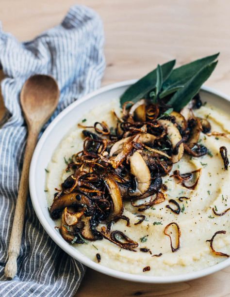 Vegetarian Stuffing Recipe, Braised Mushrooms, Cauliflower Purée, Vegetarian Stuffing, Cauliflower Puree, Cauliflower Mash, Crispy Shallots, Caramelized Onion, Stuffing Recipes