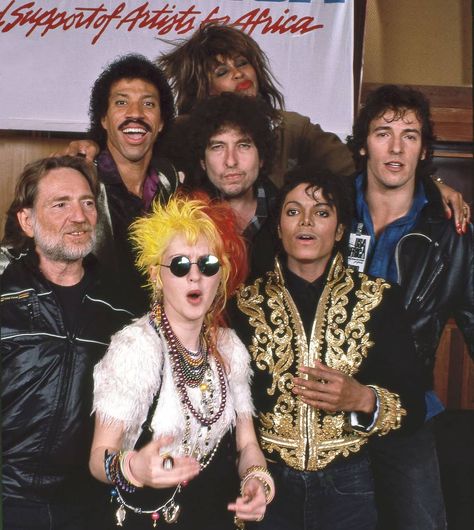 Michael Jackson, Cyndi Lauper, Willie Nelson, Lionel Richie, Tina Turner, Bruce Springsteen, and Bob Dylan photographed together during the recording session of “We Are the World” in Los Angeles, ca. January 28, 1985 Dylan Bruce, Harry Benson, Life Magazine Covers, 80s Celebrities, Kenny Loggins, 40 Birthday, Harry Belafonte, Life Cover, Amazing Music