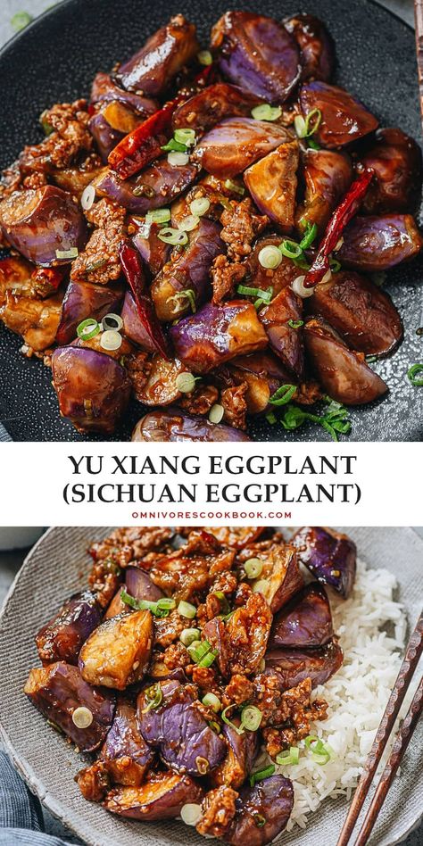 Xu Xiang eggplant features crispy eggplant covered in a sticky sweet, sour, savory and slightly spicy sauce. A signature Sichuan dish that turns eggplant haters into eggplant lovers. {Vegetarian Vegan Adaptable, Gluten-Free Adaptable} Asian Style Eggplant Recipes, Sweet And Sour Eggplant, Korean Eggplant Side Dish, Asian Eggplant Recipes, Sichuan Eggplant Recipe, Szechuan Eggplant Recipe, Eggplant Recipes Asian, Chinese Vegetarian Recipes, Szechuan Eggplant