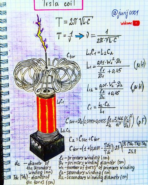 Tesla coil, by @jurij0001 Tesla Generator, Physics Concepts, Learn Physics, Engineering Notes, Physics Formulas, Physics Notes, Tesla Coil, Electronics Basics, Engineering Science