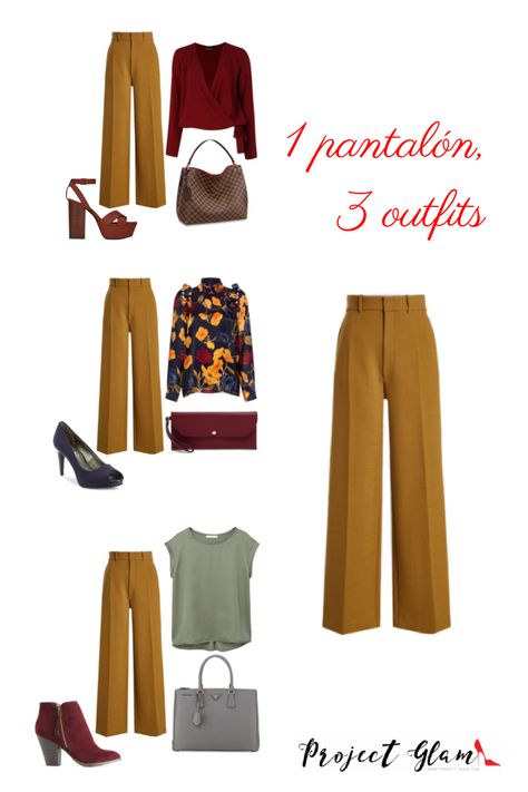 1 pantalón, 3 outfits Mustard Pants Outfit Work, Mustard Outfits For Women, Pantalon Camel Outfits Mujer, Wide Leg Pants Outfit Work, Yellow Pants Outfit, Camel Outfit, Capsule Wardrobe Casual, Capsule Wardrobe Women, October Fashion