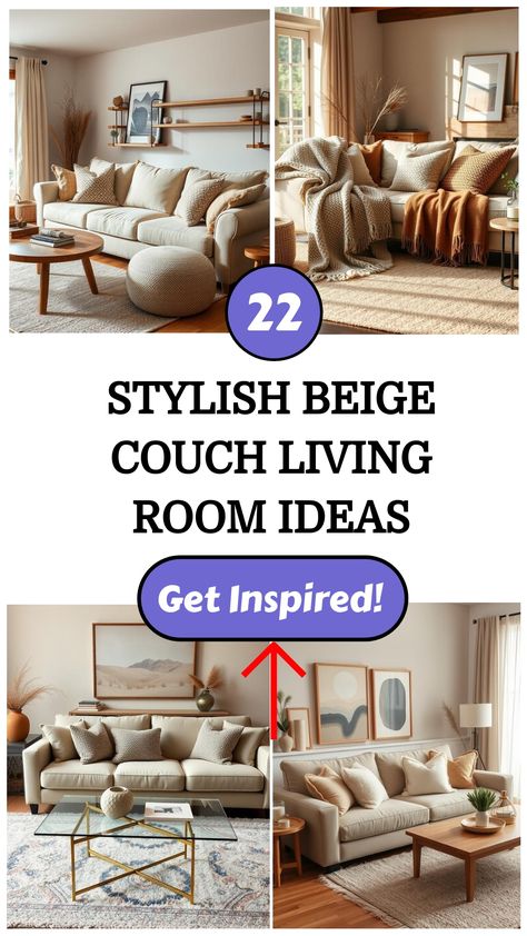 Collage of chic beige living room designs with various sofas and decor styles. Linen Couch Living Room Decor, Beige Velvet Couch, Dark Beige Couch, Greige Couch Living Room Ideas, Beige Couch Living Room Decor, Beige Couch Living Room Ideas, Cloud Couch Living Room, Beige Couch Living Room, Couch Living Room Ideas