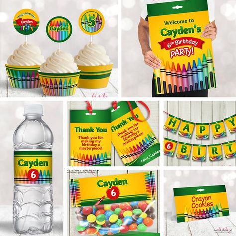 Crayon Party Big Bundle  |  Personalized for You  |  DIGITAL | Printable Crayon Cake, Crayola Birthday Party, Crayola Party, Crayon Birthday Parties, Crayon Party, Water Bottle Wraps, Favor Bag Toppers, Cupcake Wraps, Personalized Water Bottle