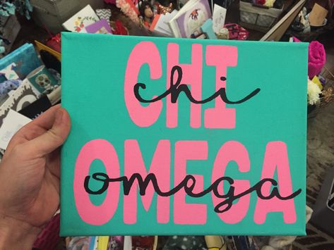 teal and pink and black chi omega handmade canvas Chi Omega Paintings, Diy Sorority Crafts, Delta Gamma Canvas, Sorority Letters Painted, Chi Omega Canvas, Sorority Paintings, Little Gifts Sorority, Big Little Canvas, Big Little Basket