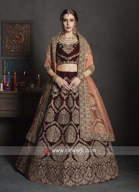 Velvet Bridal Lehenga, Maroon Lehenga, Orang India, Bridal Lehenga Online, Indian Wedding Lehenga, Velvet Lehenga, Neeta Lulla, Bridal Lehenga Collection, Rohit Bal