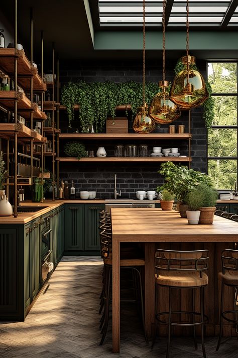 Warm Earthy Kitchen Ideas, Earthy Home Aesthetic Kitchen, Nature Kitchen Aesthetic, Farmhemian Kitchen, Green Themed Kitchen, Green Aesthetic Kitchen, Sage Green And Wood Kitchen, Green And Brown Kitchen, Earthy Kitchens