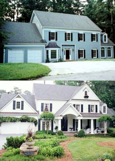 Changes to the facade like expanding the roof, adding adding a porch and fresh paint make this look like a completely different house. The greenery is a lovely touch! Colonial Exterior Remodel, Exterior Transformations, Exterior Remodel Before And After, Front Porch Remodel, Home Remodel Before And After, Colonial House Exteriors, Pool Diy, Small Porch, Exterior House Remodel