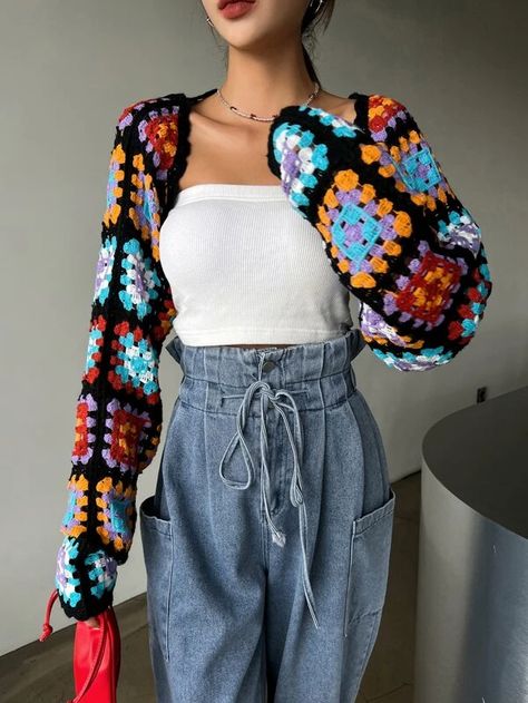 DAZY Geo Crochet Shrug Cardigan | SHEIN USA Crochet Shrug Cardigan, Crochet Fairy, Crochet Clothing And Accessories, Crochet Shrug, Shrug Cardigan, Crochet Winter, Crochet Fashion Patterns, Photoshoot Outfits, Fancy Outfits