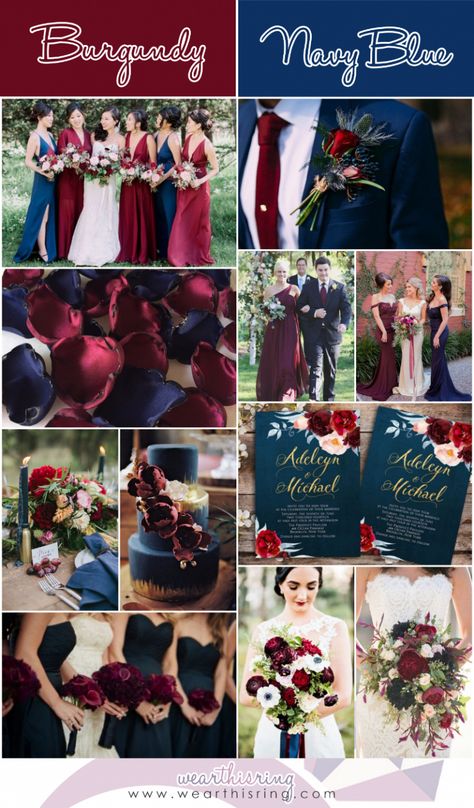 Red And Blue Wedding, Blue Wedding Colors, Navy And Burgundy Wedding, Winter Wedding Color Palette, Baju Kahwin, Navy Wedding Flowers, Wedding Color Combinations, Rustic Wedding Decorations, Wedding Color Combos