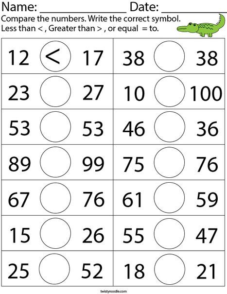 Comparing two-digit numbers Math Worksheet - Twisty Noodle Easy Math Worksheets, Kindergarten Math Worksheets Free, Math Addition Worksheets, First Grade Math Worksheets, Numbers Worksheets, Math Sheets, Mathematics Worksheets, Comparing Numbers, Work Sheet