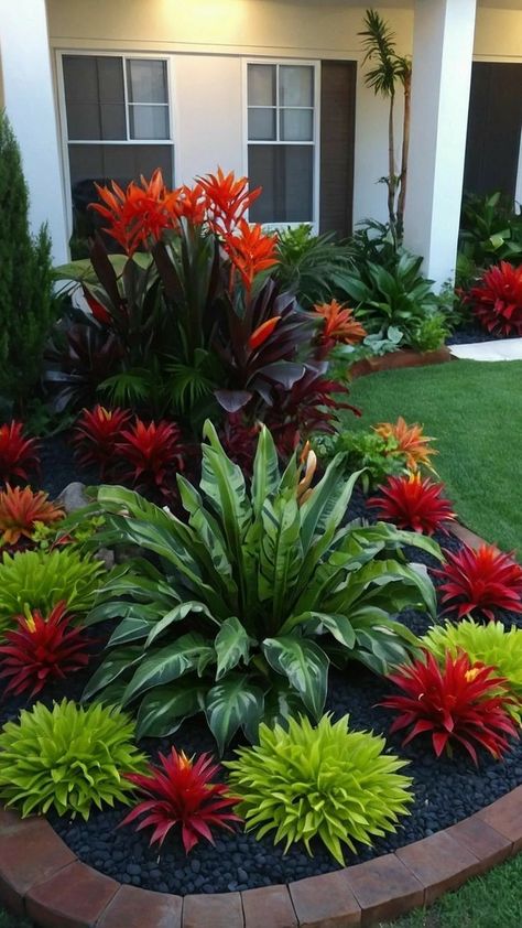 Tropical Backyard Landscaping, Tropical Landscape Design, Florida Landscaping, Patio Flowers, Tropical Garden Design, Front Garden Landscape, Tropical Backyard, Front Yard Garden Design, Front Yards