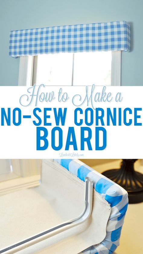 This tutorial on how to make a no-sew styrofoam cornice board is such an easy DIY project - looks so cute in a bedroom/nursery and is as easy as gluing and taping a few things in place! Cornice Boards Diy, Cornice Boards Window Treatments, Window Valance Diy, Diy Valance, Cornice Board, Window Cornices, Cornice Boards, Diy Window Treatments, Bedroom Window