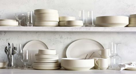 Tour Tabletop Collection | Crate & Barrel Modern Dinnerware, Set The Table, Bar Glasses, White Dinner Plates, Crate Barrel, White Dishes, Porcelain Dinnerware, Glassware Collection, White Plates