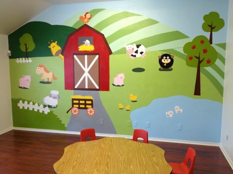 Preschool mural Barn Murals Ideas, Farm Animal Mural, Farmyard Nursery, Farm Classroom Theme Decor, Preschool Mural, Mural Design Ideas, Fun Mural, Simple Playroom, Playroom Curtains