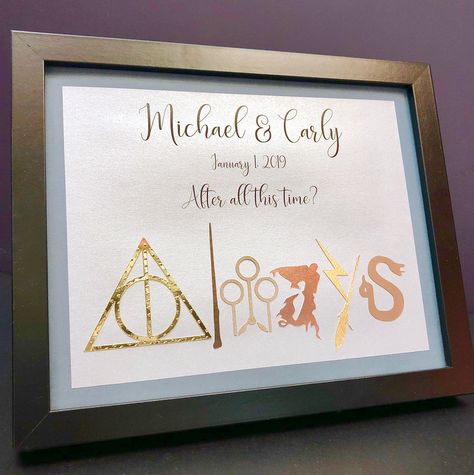 Harry Potter frame for weddings or anniversaries! Always quote with Deathly Hollow symbol! Harry Potter Wedding Gift, Harry Potter Wedding Gifts, Personalized Wedding Frames, Hamilton Canada, Harry Potter Symbols, First Anniversary Paper, Star Wars Wall Art, Star Wars Wedding, Harry Potter Wedding