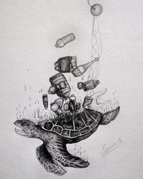 Turtle Stuck In Plastic Drawing, Ocean Pollution Drawing, Pollution Sketch, Water Pollution Art, Water Conservation Drawing, Endangered Animals Art, Water Pollution Drawing, Trash Drawing, Environmentalist Art