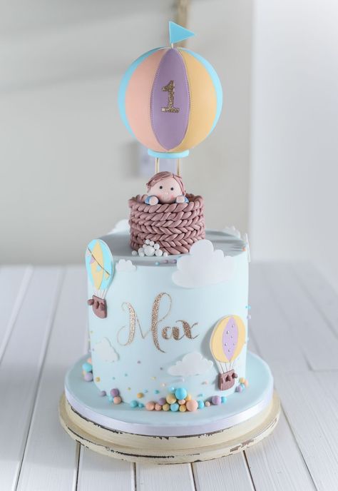 Image Result For Happy Birthday Cakes And Balloons Images Hot Air Balloon Baby Shower Cake, Hot Air Balloon Cake, Baby Boy Birthday Cake, Cupcake Birthday Party, Baby Boy Cakes, Balloon Cake, First Birthday Cake, Baby Birthday Cakes, Baby Cakes