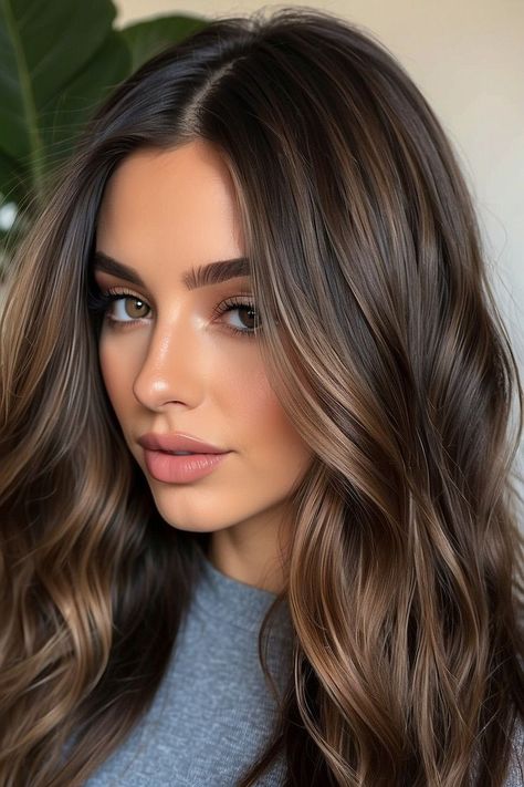 Medium Length Brown Balayage, Minimal Highlights Hair Brunettes, Soft Balayage Brunette, Sunkissed Hair Brunette Sun Kissed Natural Subtle Highlights, Subtle Balayage Brunette, Balayage For Dark Hair, Sunkissed Brunette Hair, Balayage Inspiration, Sunkissed Brunette