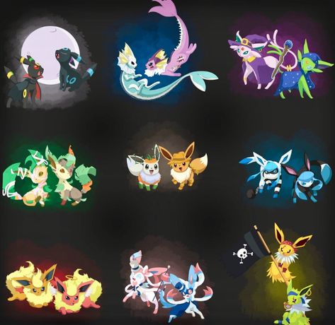 Eeveevoluciones normales y shinys Eeveelutions Halloween, Evoluzioni Eevee, Eevee Cute, Kartu Pokemon, A Silent Voice Anime, Pokemon Eevee Evolutions, Pokemon Halloween, Pokemon Fusion Art, Pokemon Breeds