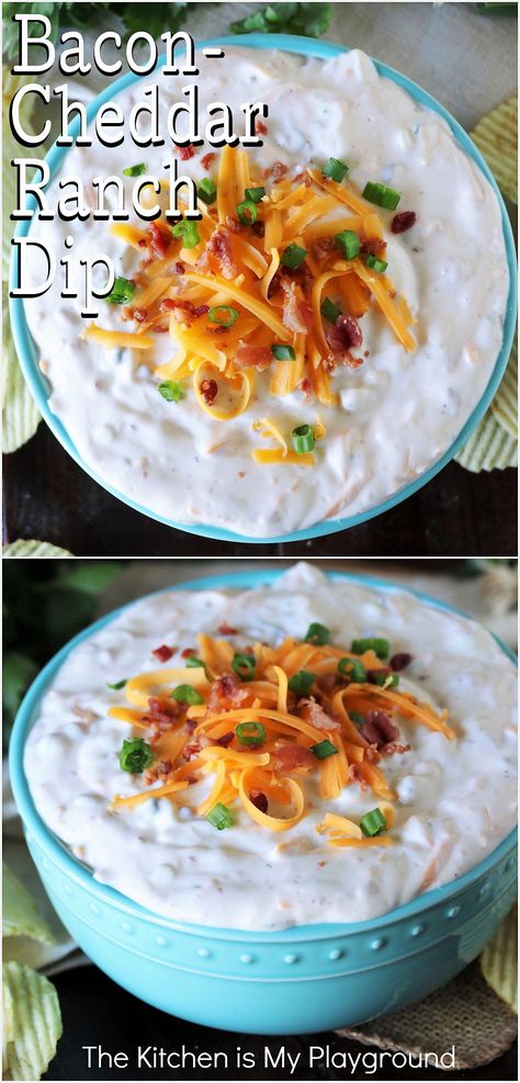 Bowl of Bacon-Cheddar Ranch Dip Ranch Dip With Bacon And Cheese, Cheddar Bacon Ranch Dip, Creamy Bacon Cheddar Dip, Bacon Cheddar Ranch Cheeseball, Cheddar Bacon Ranch Cheese Ball Recipe, Bacon Dip Recipes, Bacon Cheddar Dip, Bacon Chips, Bacon Ranch Dip