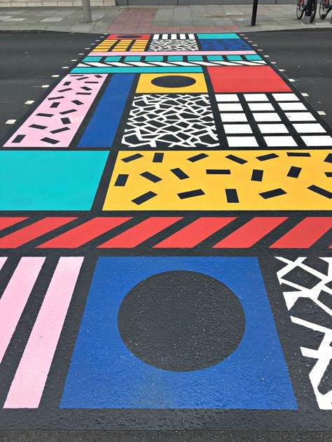 Camille Walala Crossing Design festival Zebra Crossing Design, Memphis Design Illustration, Crosswalk Design, Crosswalk Art, Street Art Graphic Design, Camille Walala, Memphis Art, Colourful Patterns, Pedestrian Crossing