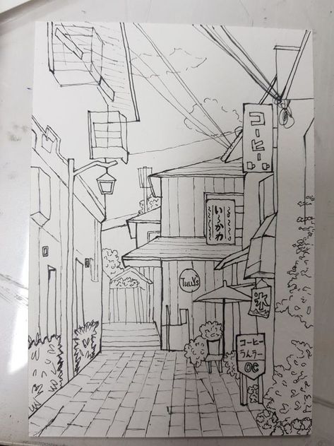 Lofi Drawings Sketches, Background Drawings Simple, Cityscape Drawing Simple, Background Sketch Simple, Anime Landscape Drawing, Drawing Backgrounds Ideas Sketch, Building Sketches Simple, Landscape Drawings Pencil, Simple Background Drawing