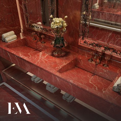 Transform Your Bathroom into an Opulent Sanctuary with Stunning Red Marble Tiles and Elegant Design. Elevate Your Daily Routine in Style and Treat Yourself to a True Work of Art. Red Marble Bathroom, Bathroom Retreat, Red Marble, Brown Bathroom, Gold Interior, Marble Bathroom, Marble Tiles, Red Interiors, Gold Marble