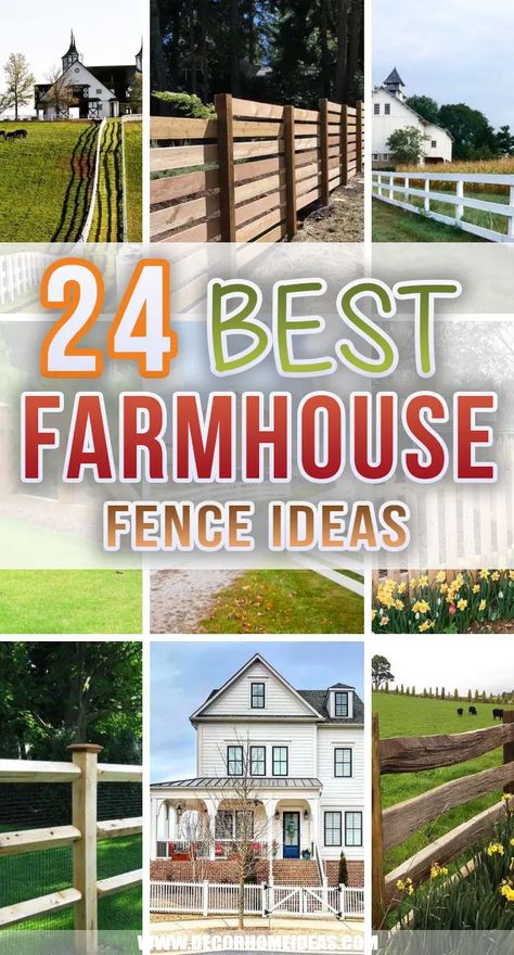 Modern Farm Fence Design, Landscape For Farmhouse Yards, Fencing Front Of House, Landscape Ideas For Country Homes, Farmhouse Wood Fence Ideas, Fence For Front Of House, Farm Yard Fence Ideas, Fencing Ideas Farmhouse, White House Fence Ideas